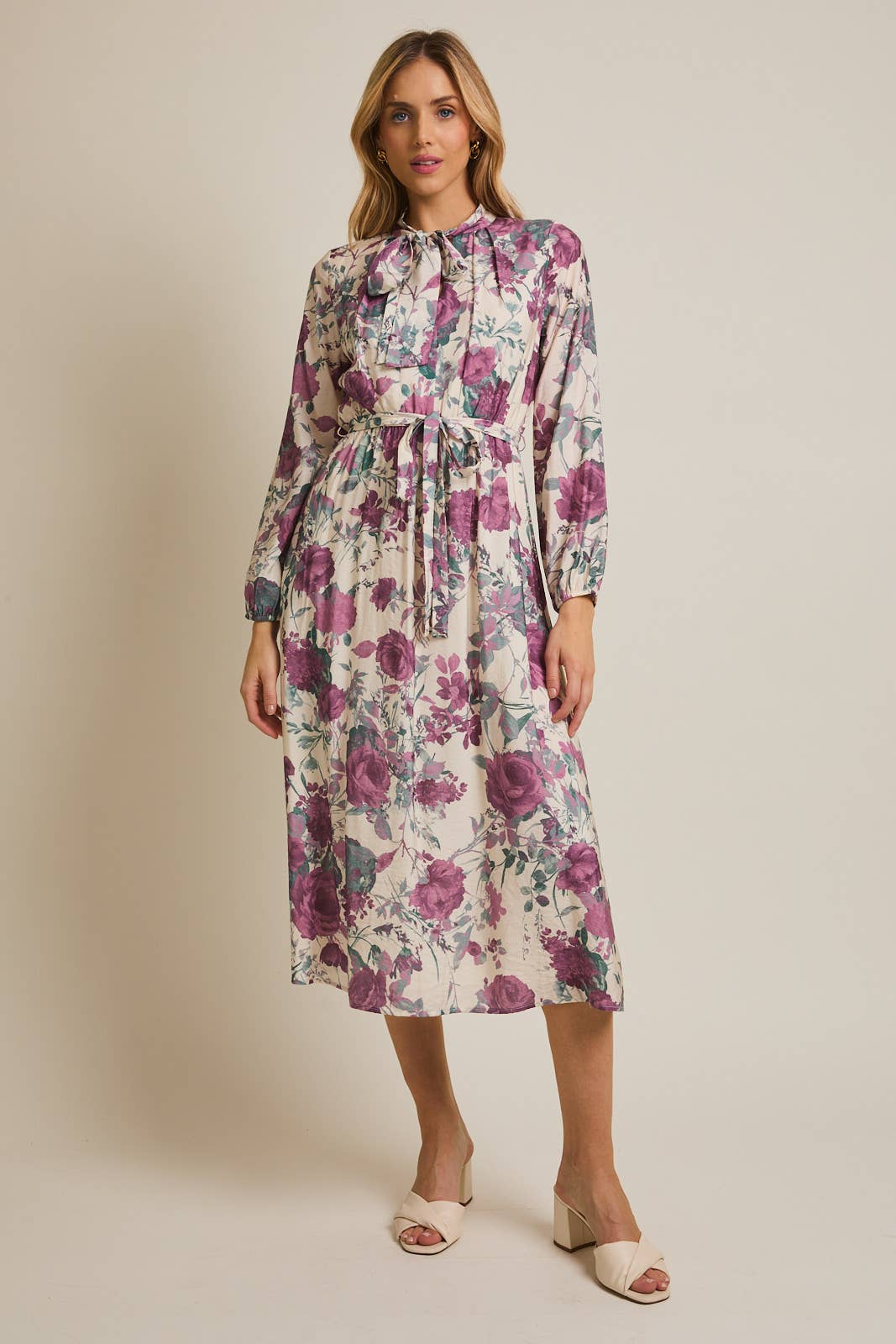 FRONT BOW TIE LONG SLEEVE FLORAL PRINT MIDI DRESS