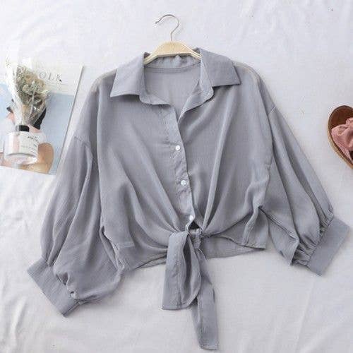 Bat Wing Cropped Casual Chiffon Women Solid Color Shirt