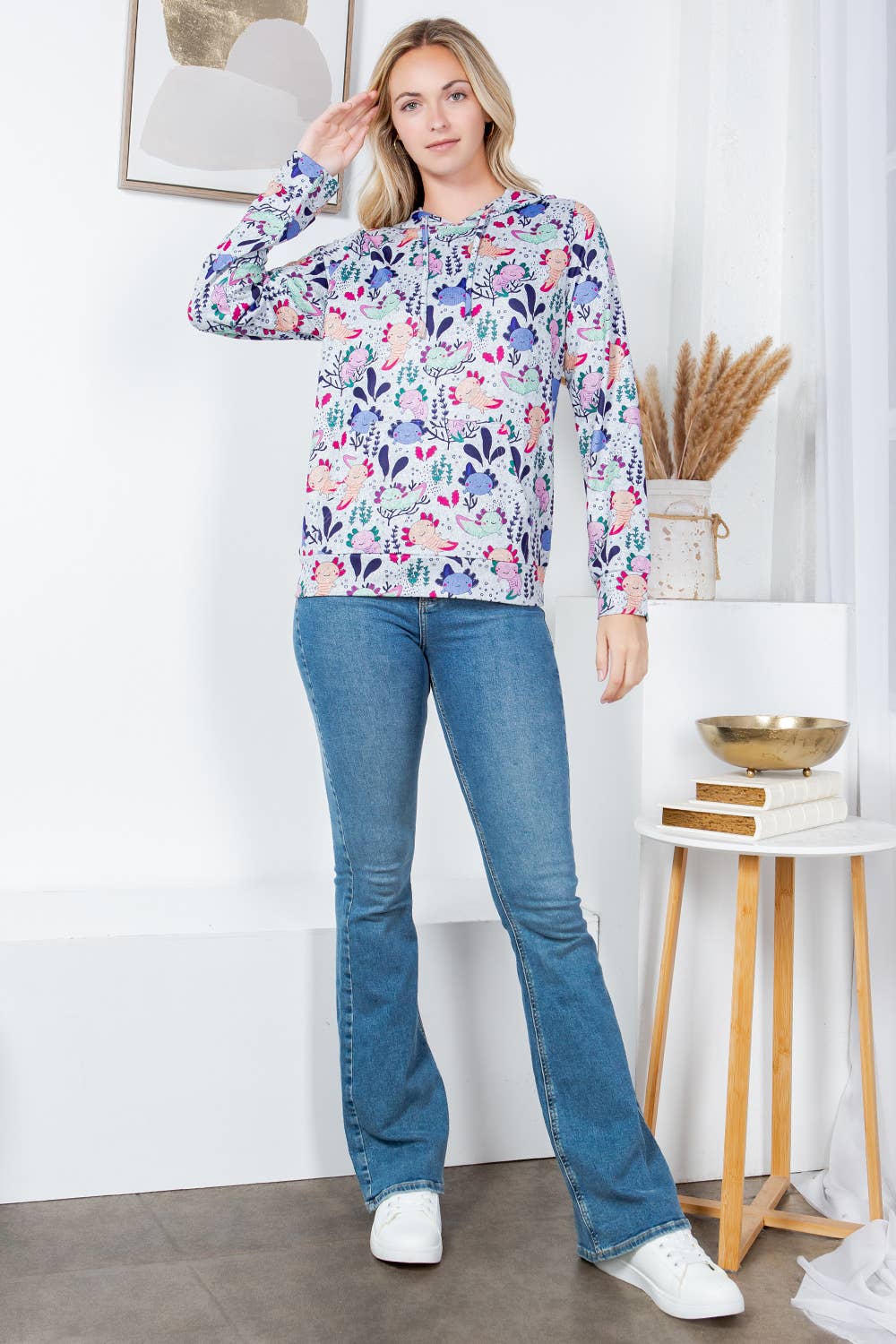 Axolotl Print Soft Sweater Knit Pullover Hoodie