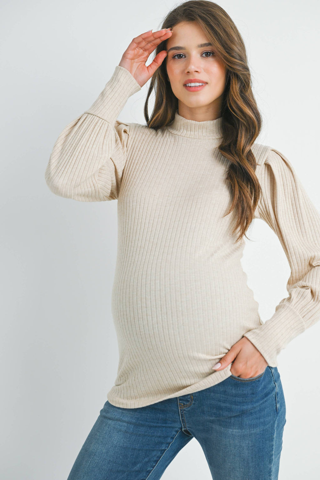 Ribbed Mock Neck Puff Sleeve Maternity Top