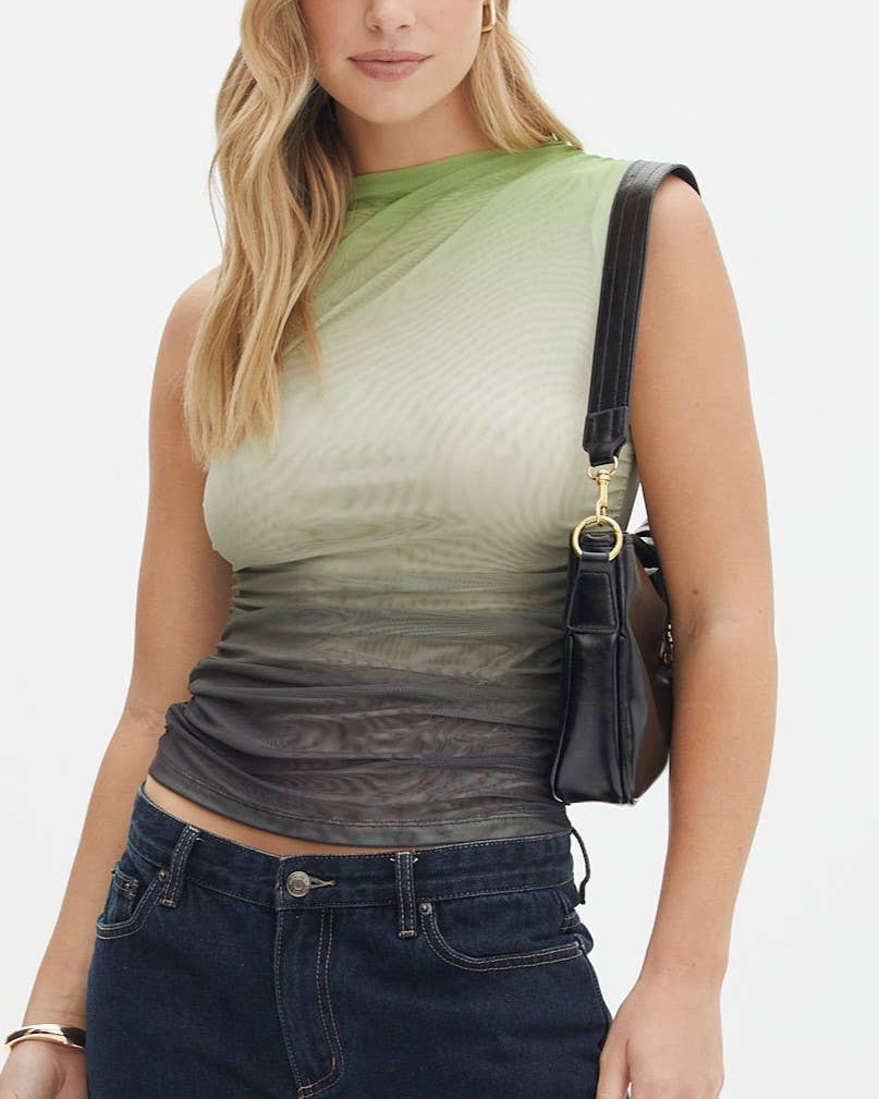 Chic Floral Printed Pleated Slim Mesh Top