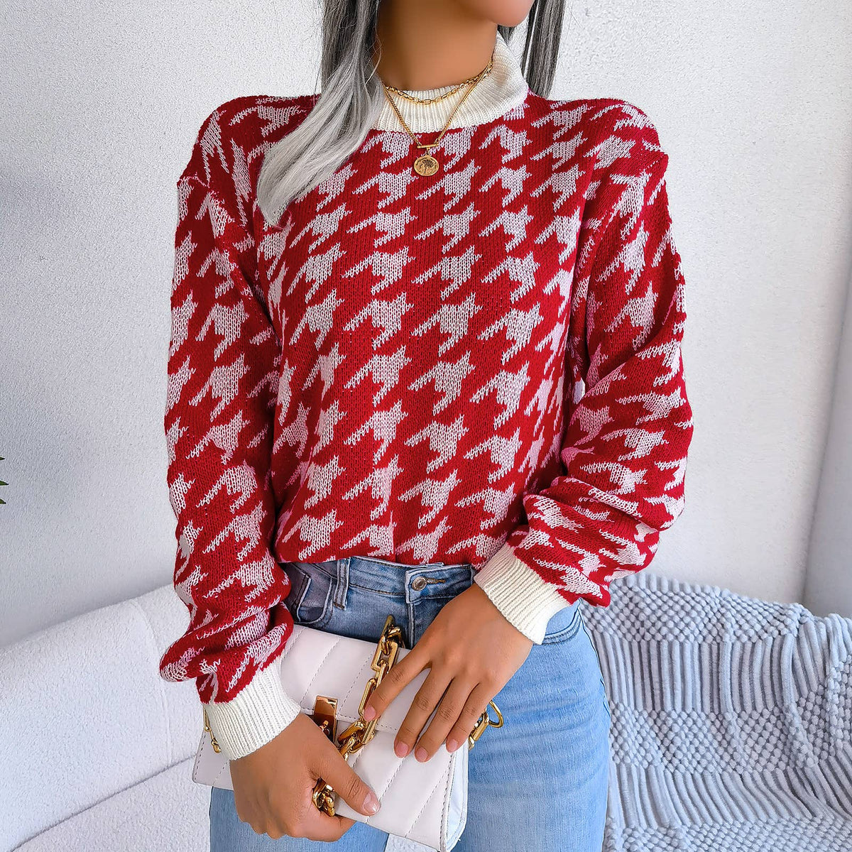 Casual houndstooth pullover knit sweater