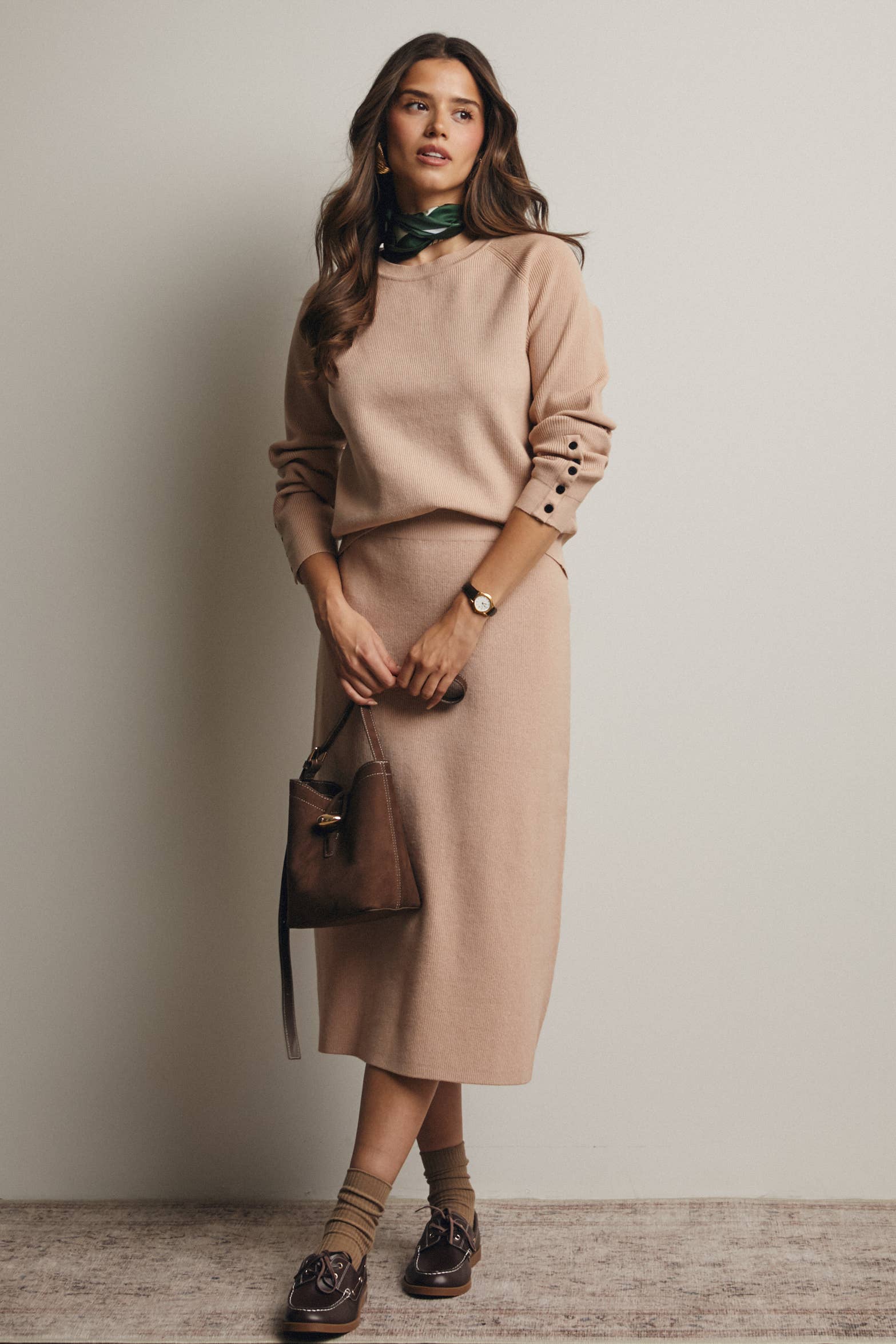 Ribbed Cuff Sweater & Midi Skirt Knit Set FWSET001