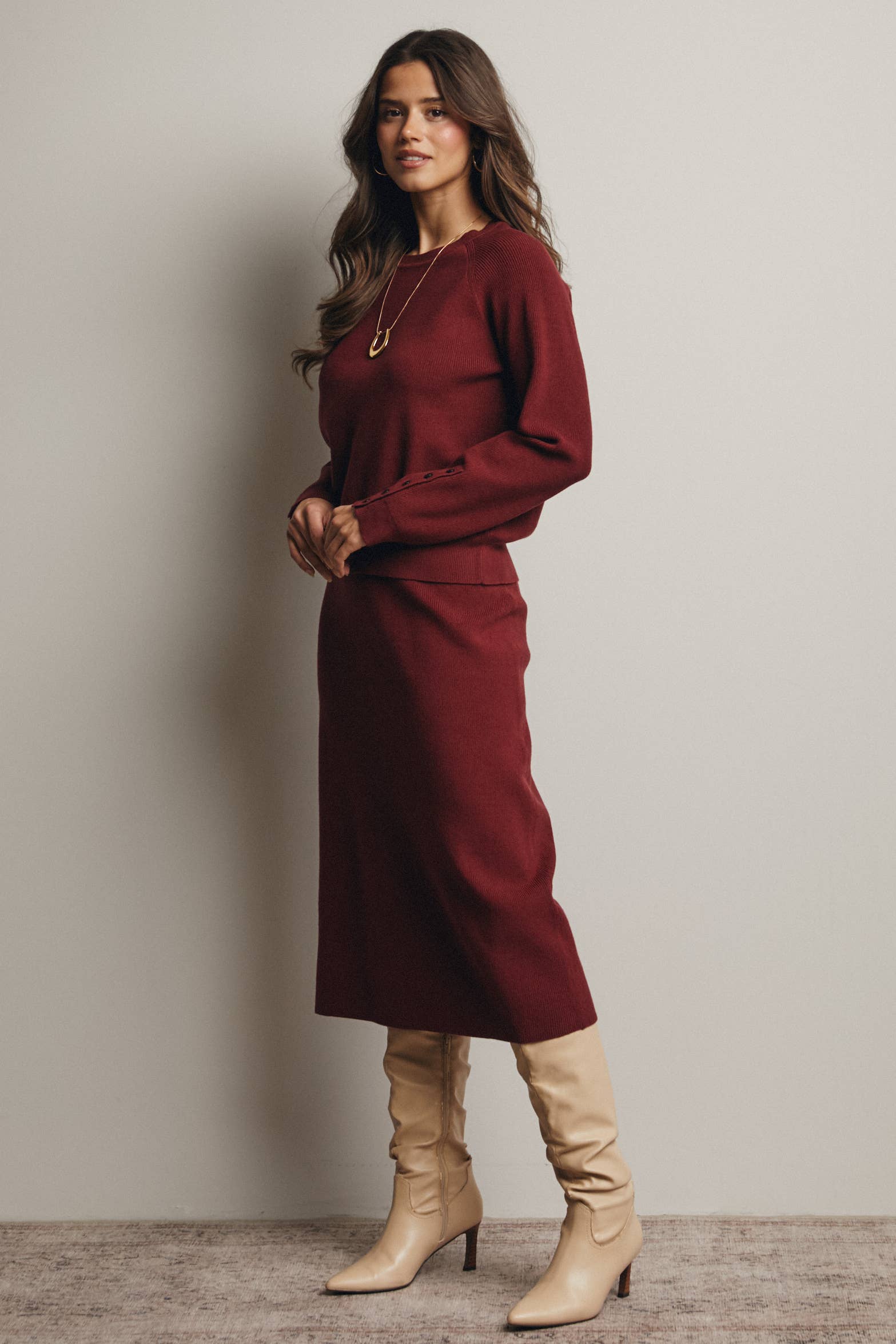 Ribbed Cuff Sweater & Midi Skirt Knit Set FWSET001