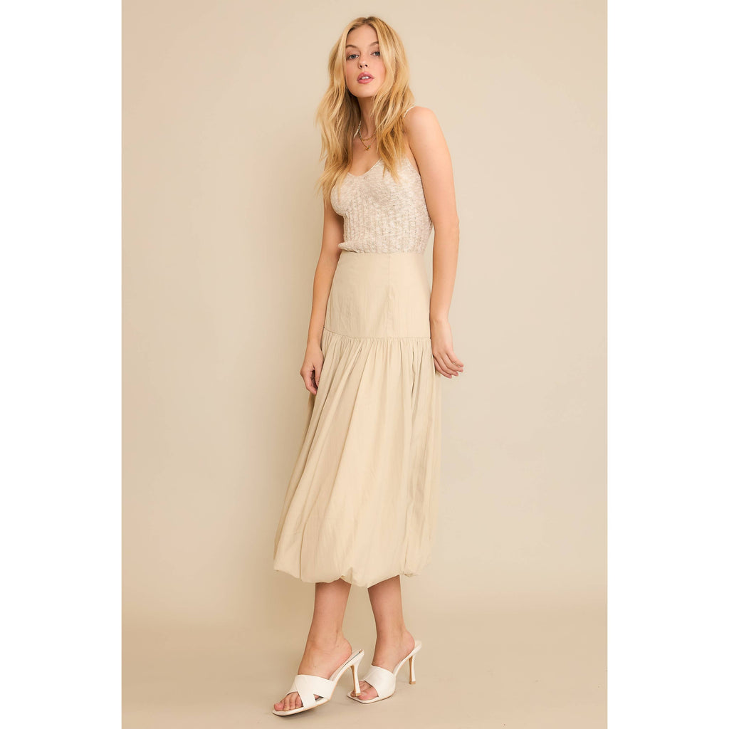 SOFT WOVEN SOLID BUBBLE BALLON MIDI SKIRT - Beige