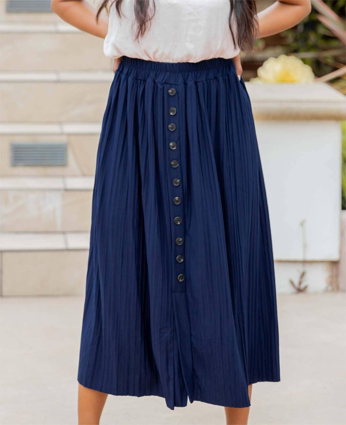 Women's high-waisted solid pleated simple midi A-line skirt