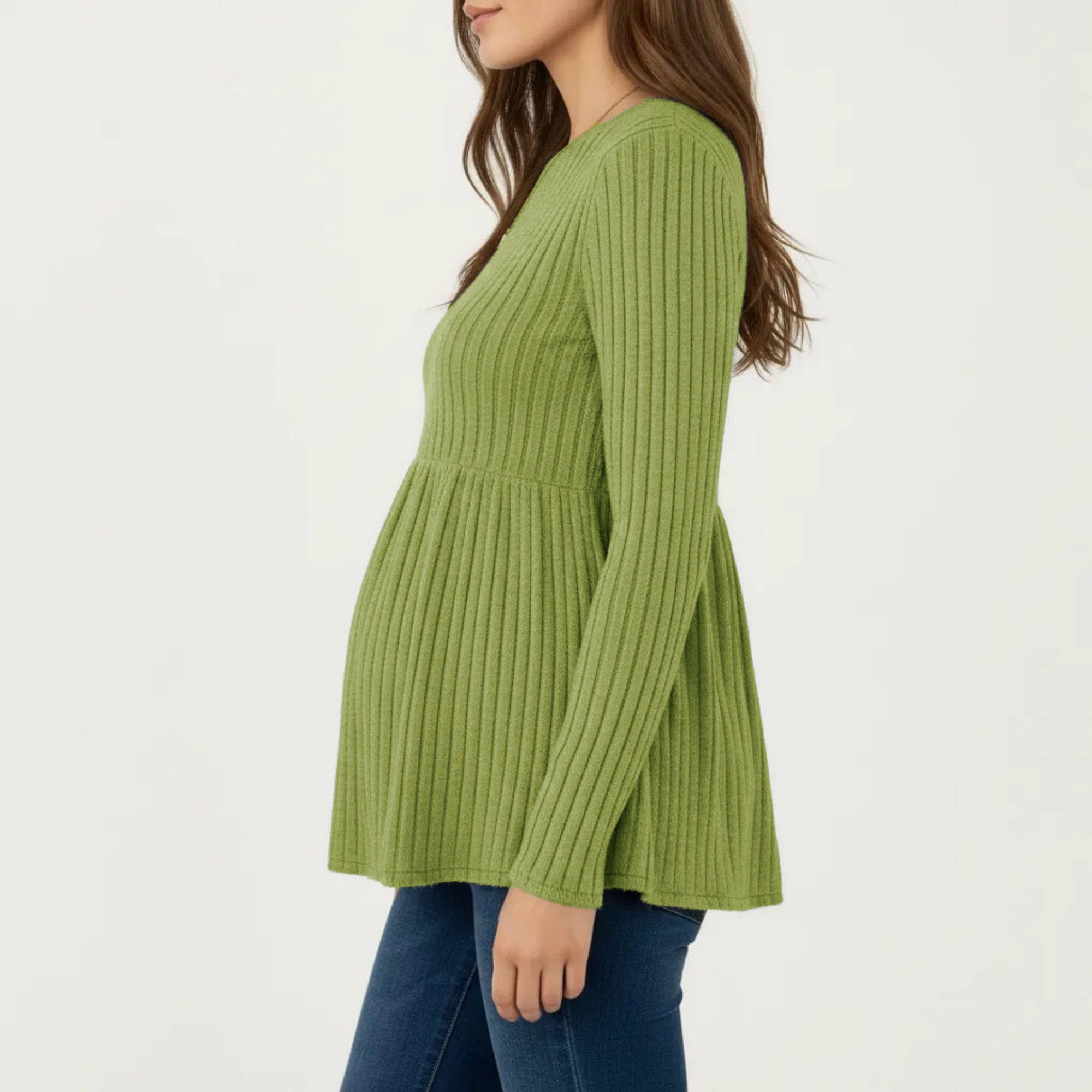 Maternity Long Sleeve Ribbed Knit Top with Crew Neck and Empire Waist