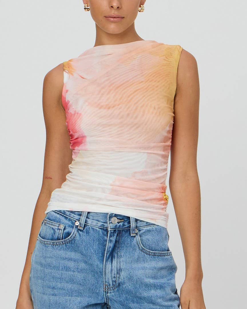 Chic Floral Printed Pleated Slim Mesh Top