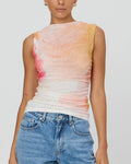 Chic Floral Printed Pleated Slim Mesh Top
