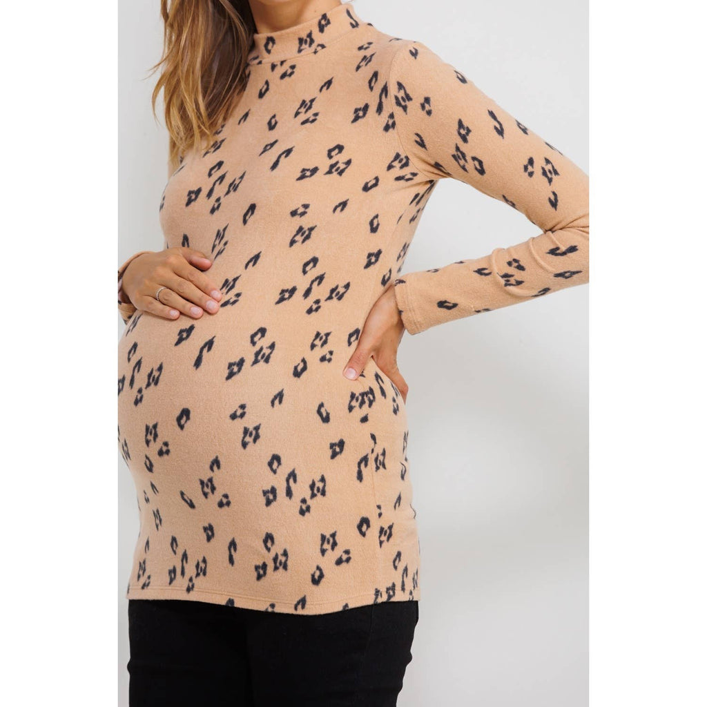 Animal Print Mock Neck Long Sleeve Maternity Top