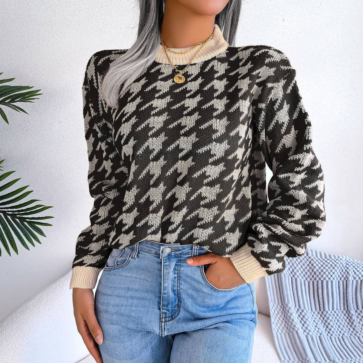 Casual houndstooth pullover knit sweater