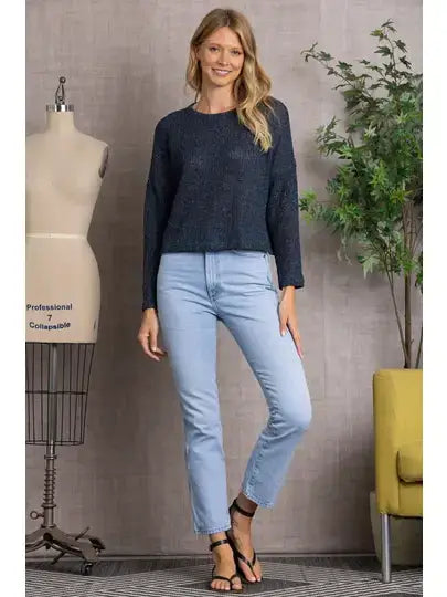 NAVY CREW NECK CABLE KNIT LONG SLEEVES TOP K5704