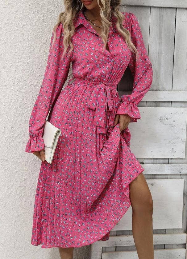 Fashionable pleated floral print long-sleeves dress