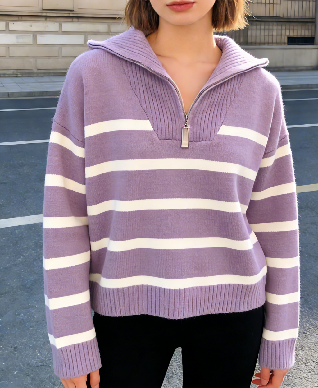 Half zip knit sweatshirt striped sweater