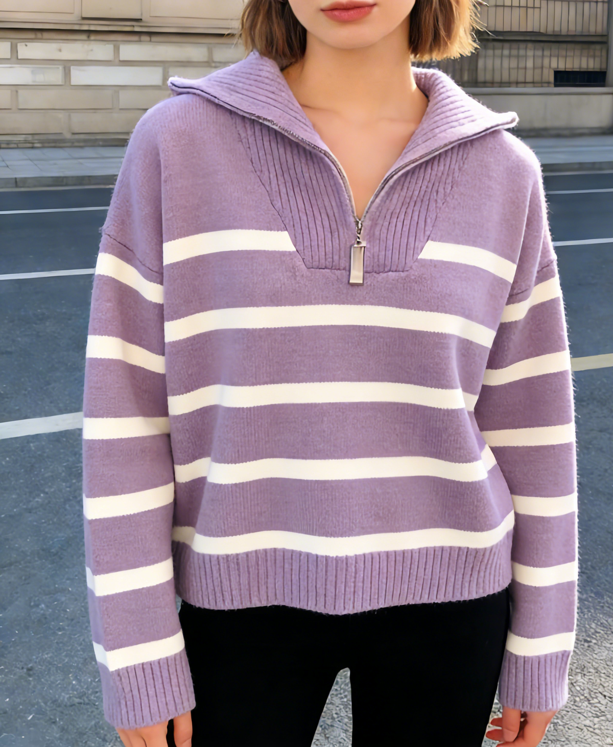 Half zip knit sweatshirt striped sweater