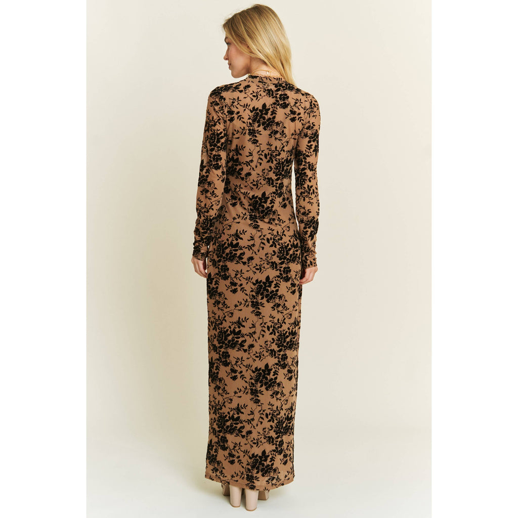 VELVET FLOCKING MAXI MESH DRESS WITH LONG SLEEVE