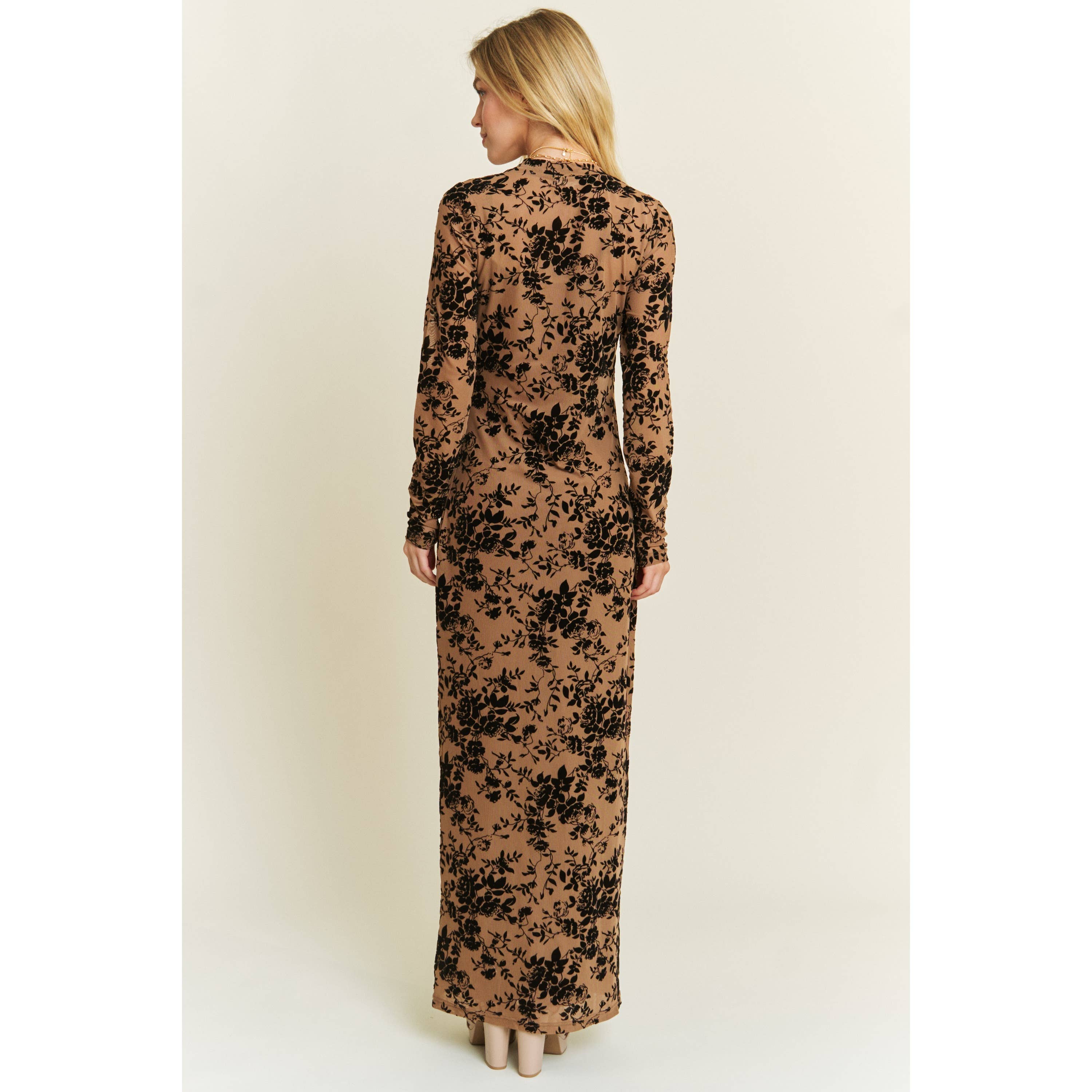 VELVET FLOCKING MAXI MESH DRESS WITH LONG SLEEVE