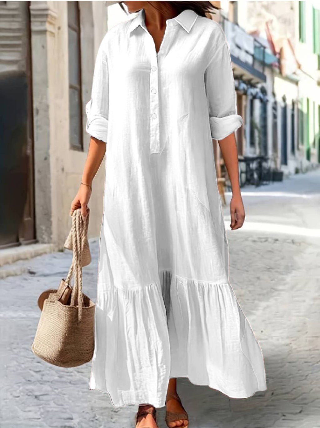 Long-sleeved button loose maxi dress