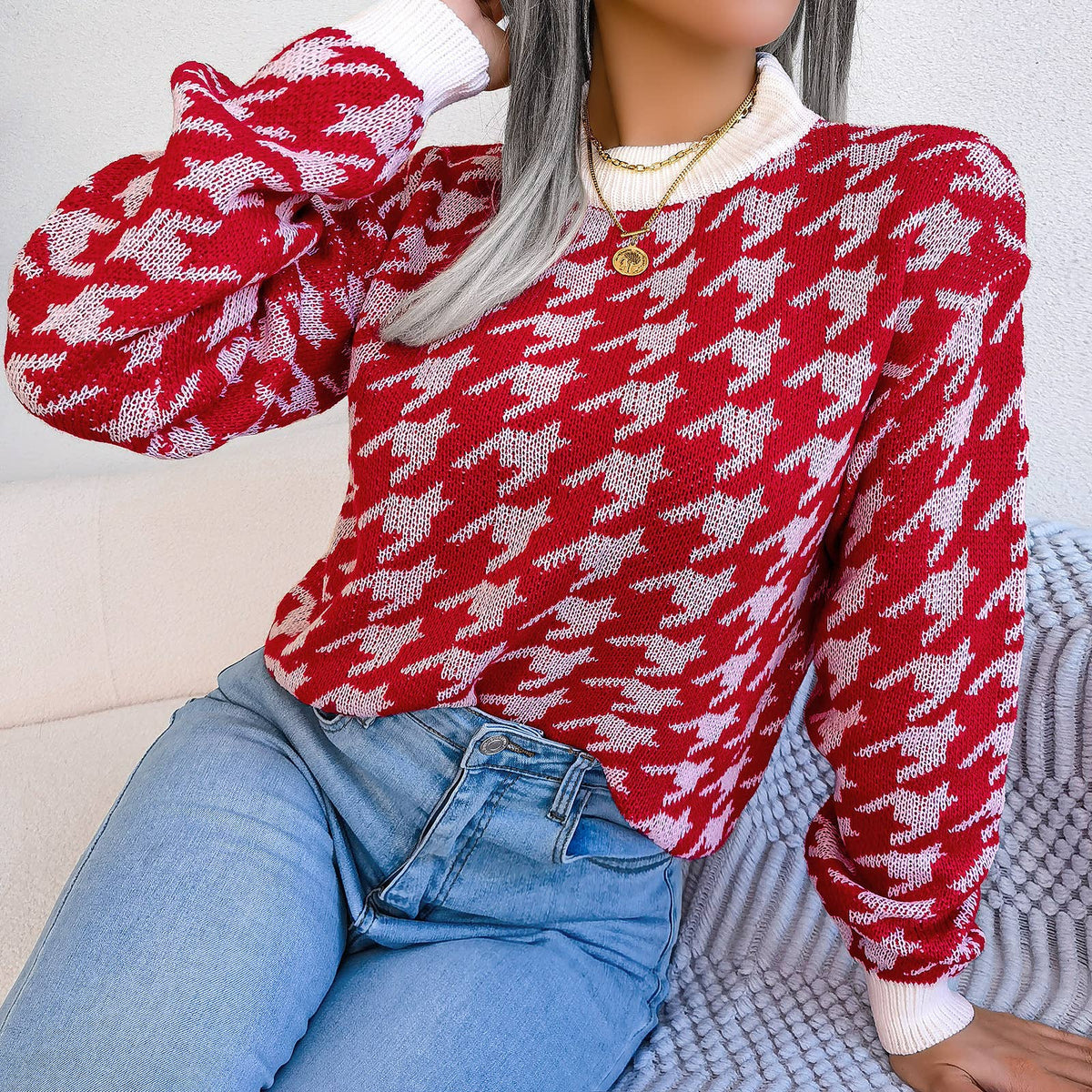 Casual houndstooth pullover knit sweater