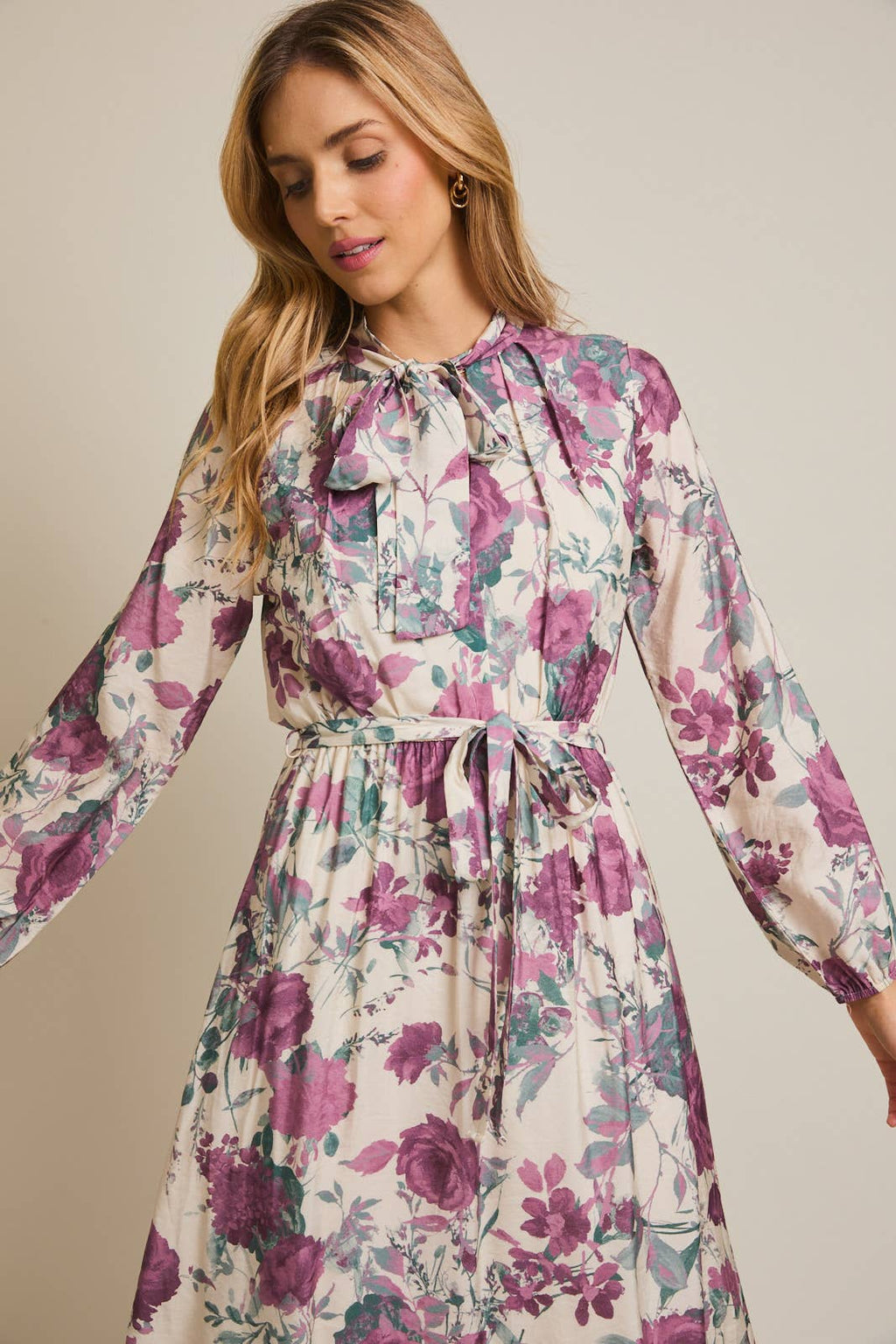 FRONT BOW TIE LONG SLEEVE FLORAL PRINT MIDI DRESS