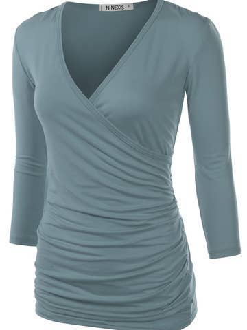 3/4 Sleeve Tank Tops Deep V-Neck Surplice Wrap