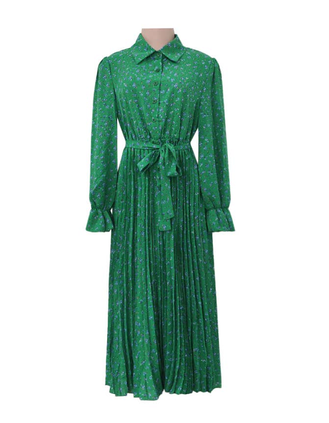 Fashionable pleated floral print long-sleeves dress