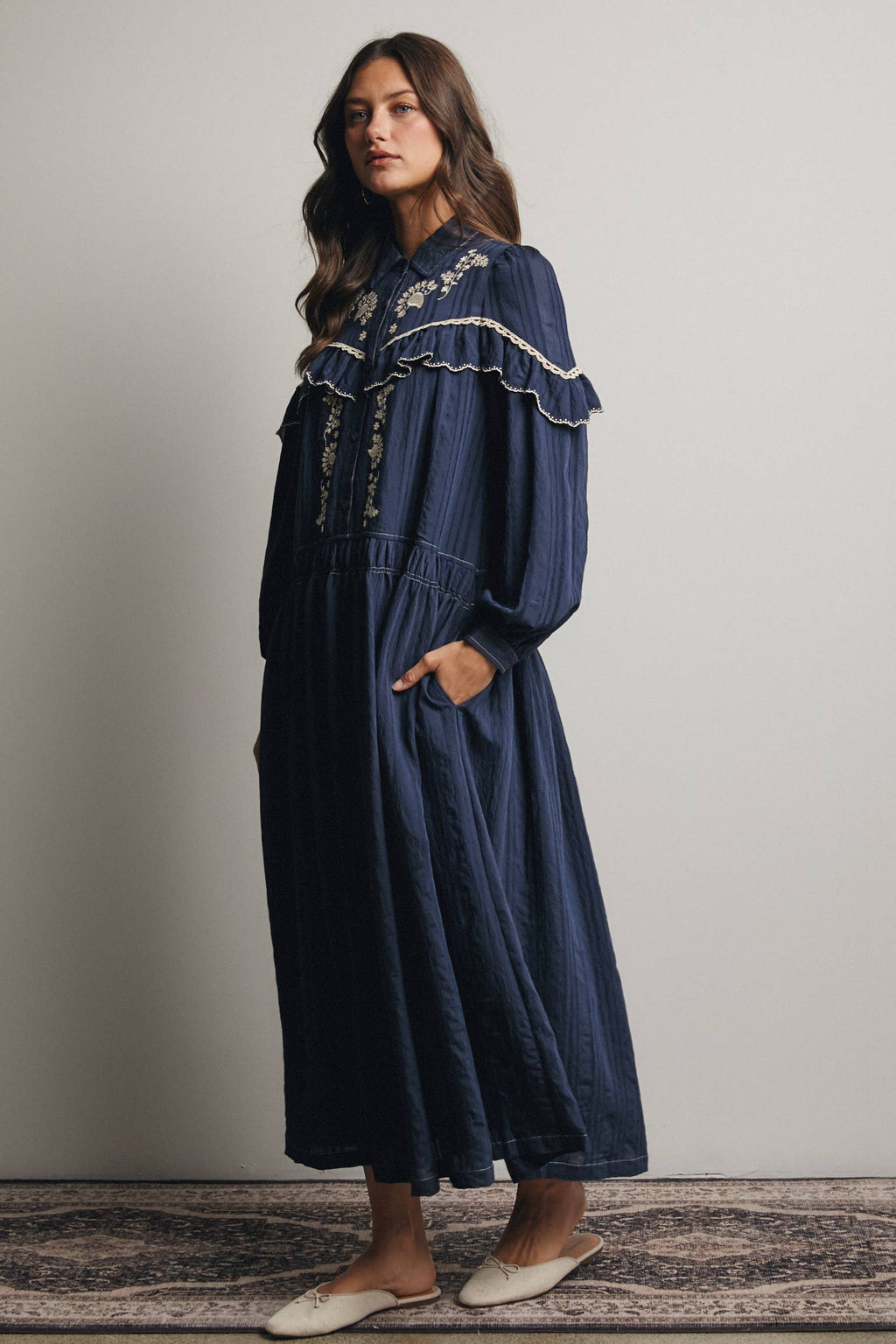 Embroidered Ruffle Trim Maxi Dress FD0018