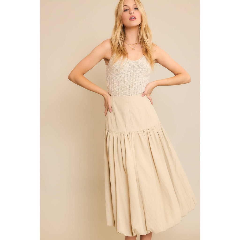 SOFT WOVEN SOLID BUBBLE BALLON MIDI SKIRT - Beige