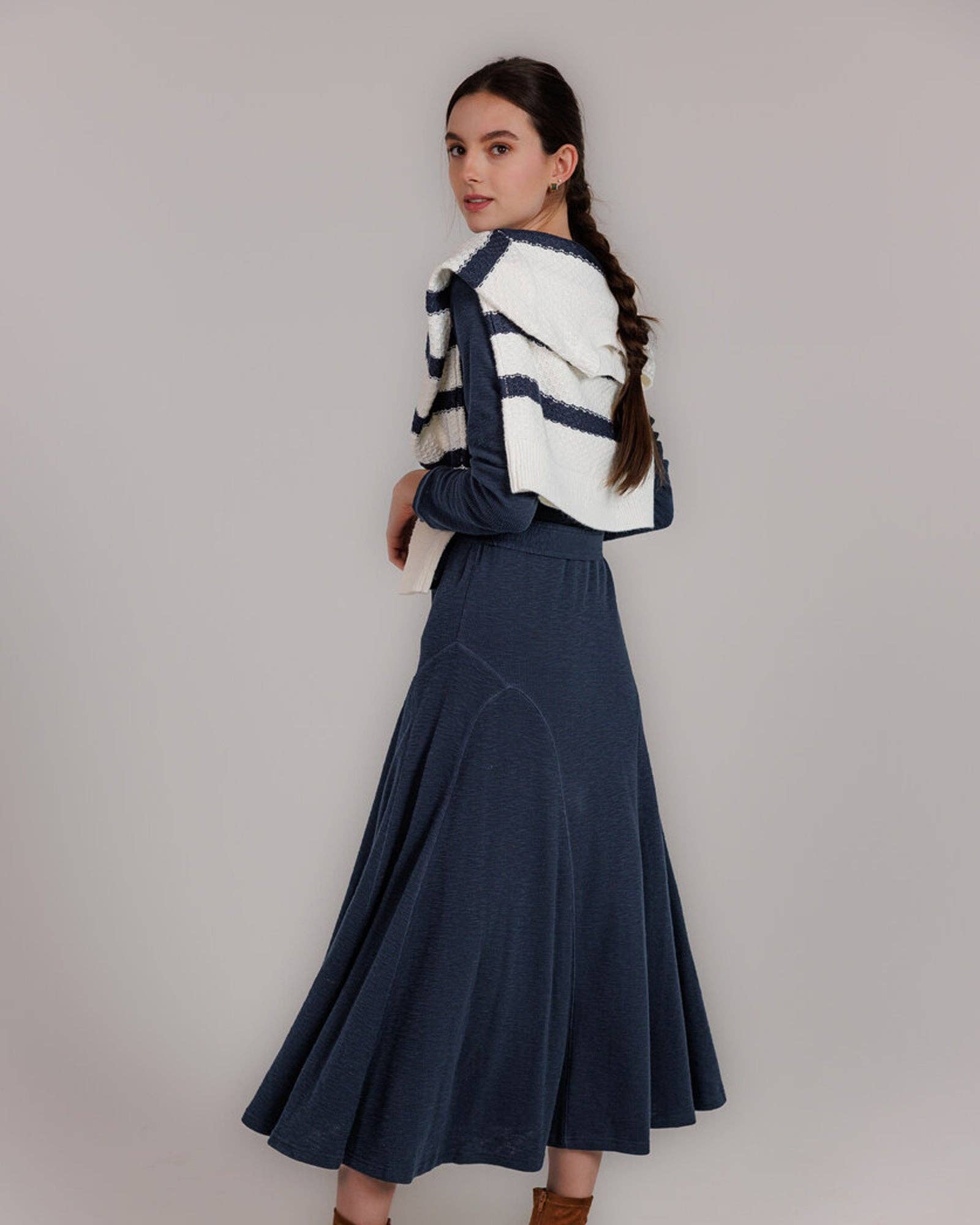 Destination Long Sleeve Midi Length Navy Knit Dress