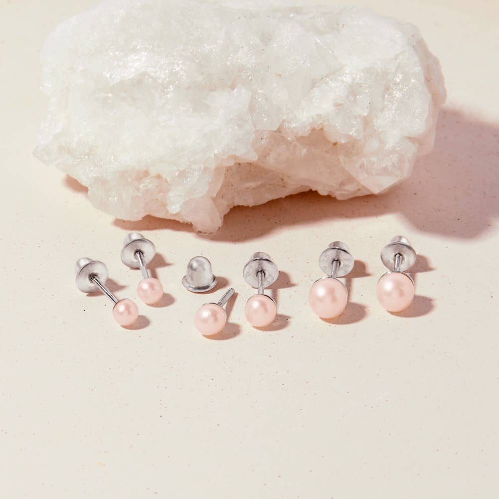 Pink Pearls 3-5mm Kids Earrings Screw Back - Sterling Silver