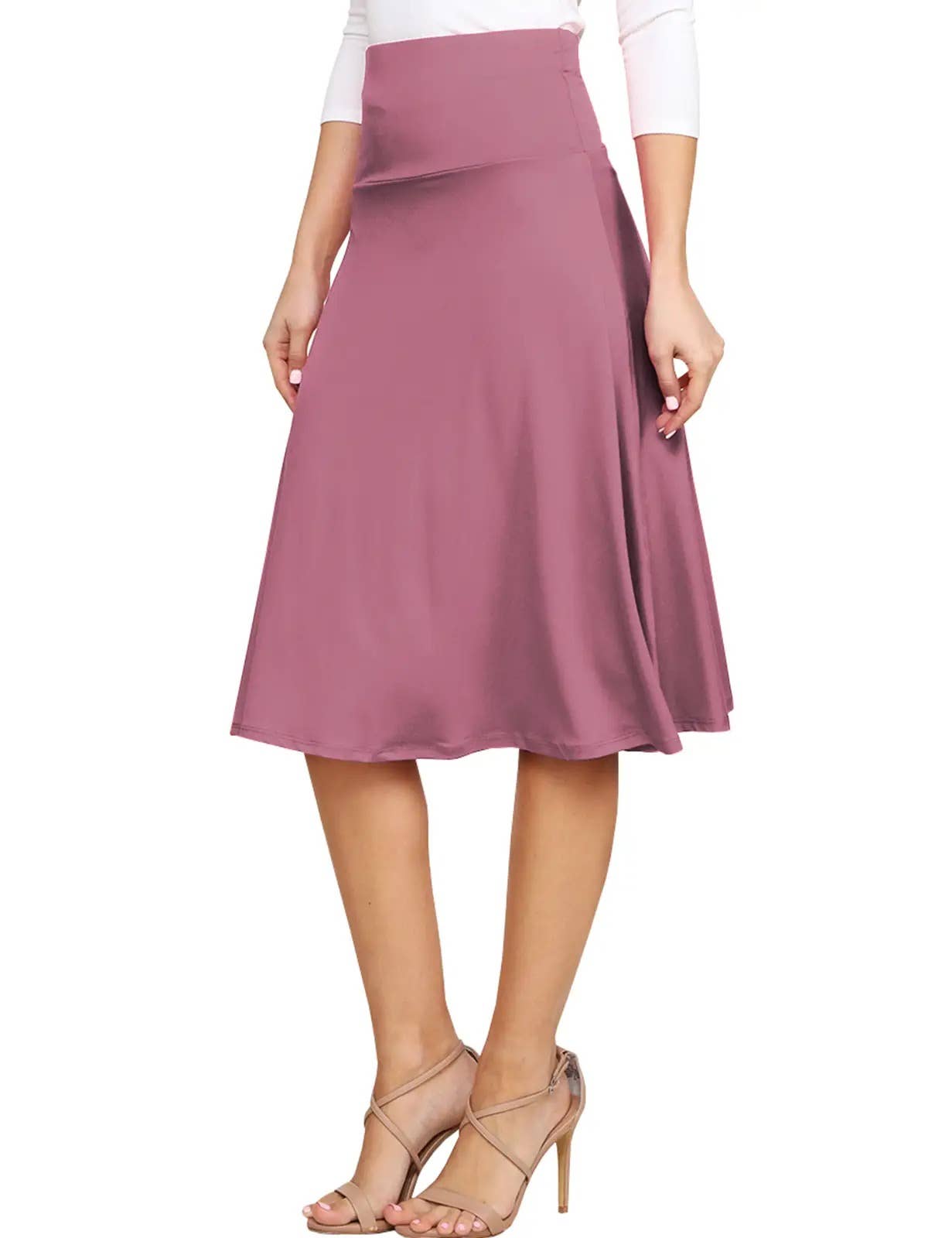 High Waist Stretch Flared Midi Skirt Women_AWBMS204
