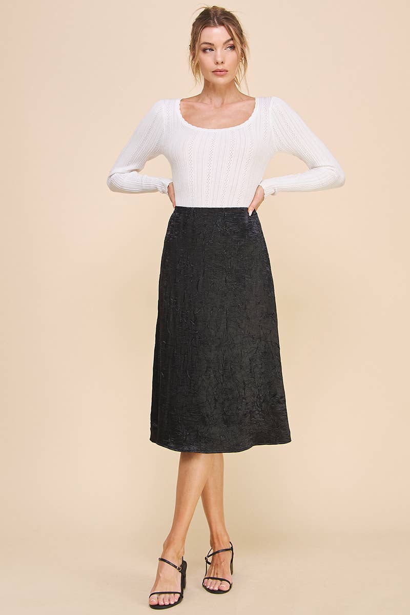 A-Lined Midi in Crinkled Stretch Satin