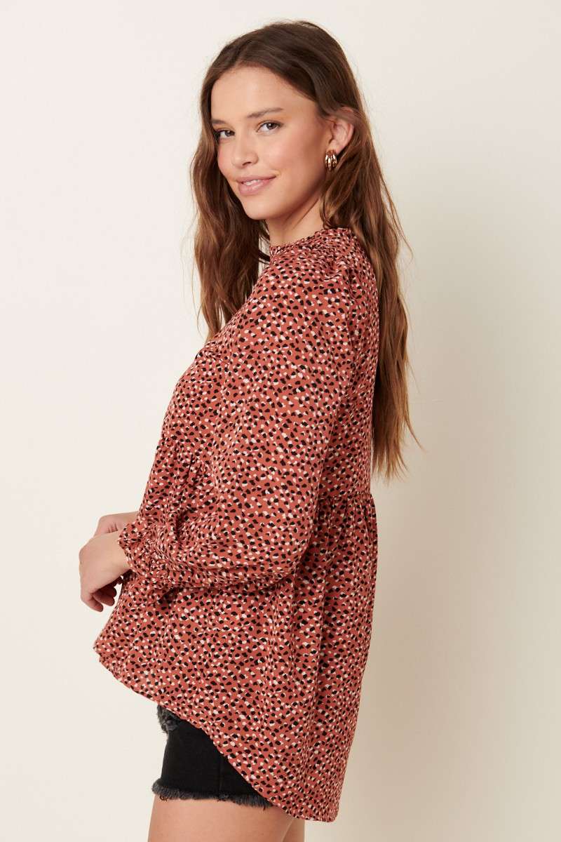 ABSTRACT PRINT RUFFLE MOCK NECK BLOUSE
