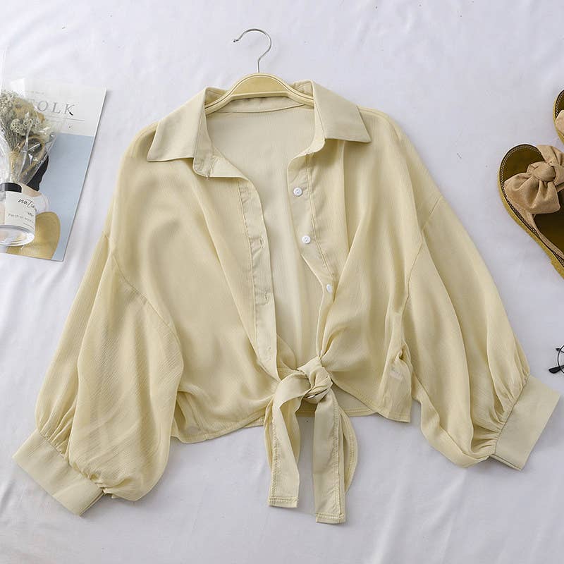 Bat Wing Cropped Casual Chiffon Women Solid Color Shirt
