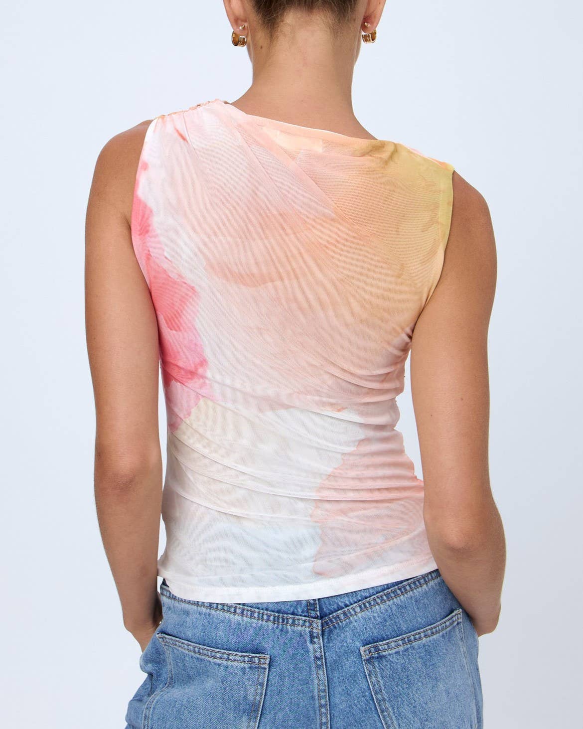 Chic Floral Printed Pleated Slim Mesh Top