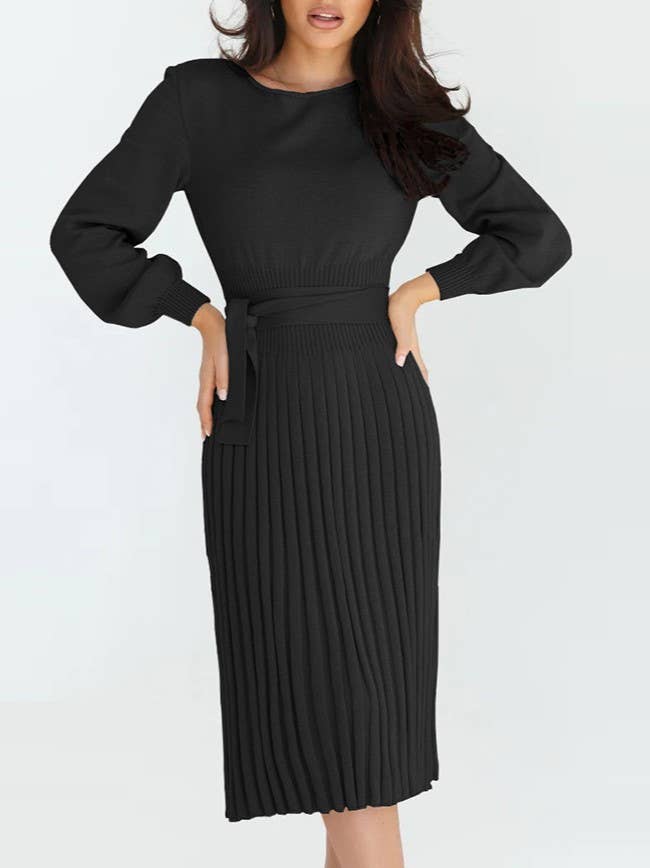 Round-Neck Pleated Midi Sweater Knit Dress