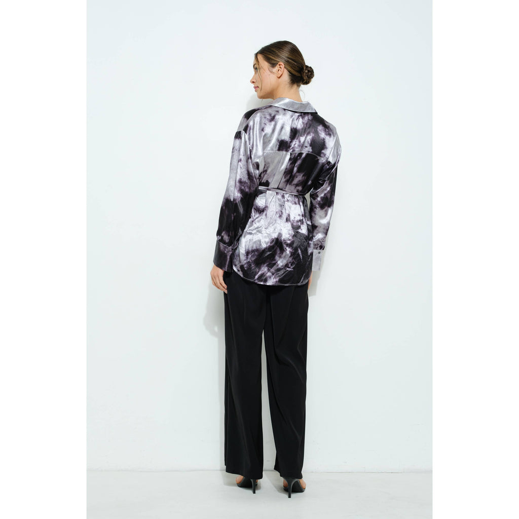 Long Sleeve Tie Dye Print Wrap Detail Blouse Top