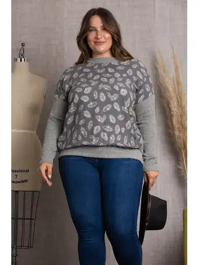 GREY LEAVES PRINT RIB CONTRAST PLUS SIZE TOP-TP1952