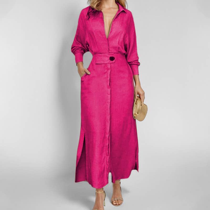 Elegant Button Down Long Sleeve Maxi Dress Casual Chic Style