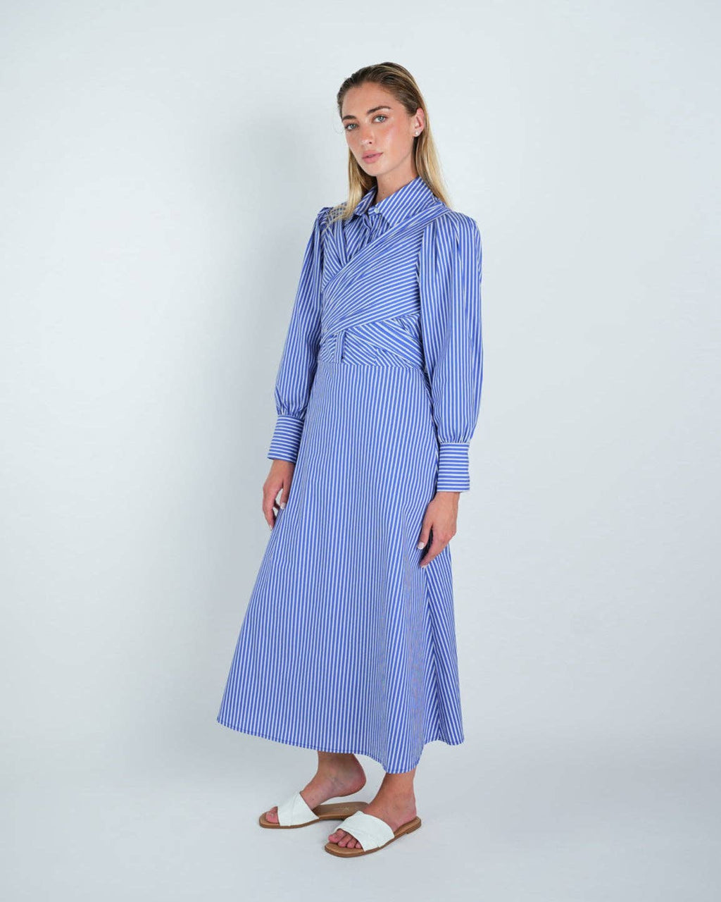 Cotton Striped Criss-Cross Midi Shirt Dress