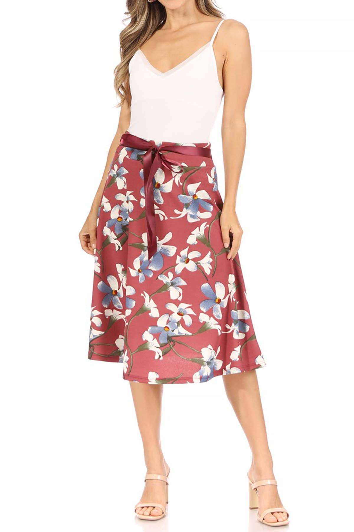 Women's Casual Floral Tie Belted Knee Length Midi Skirt