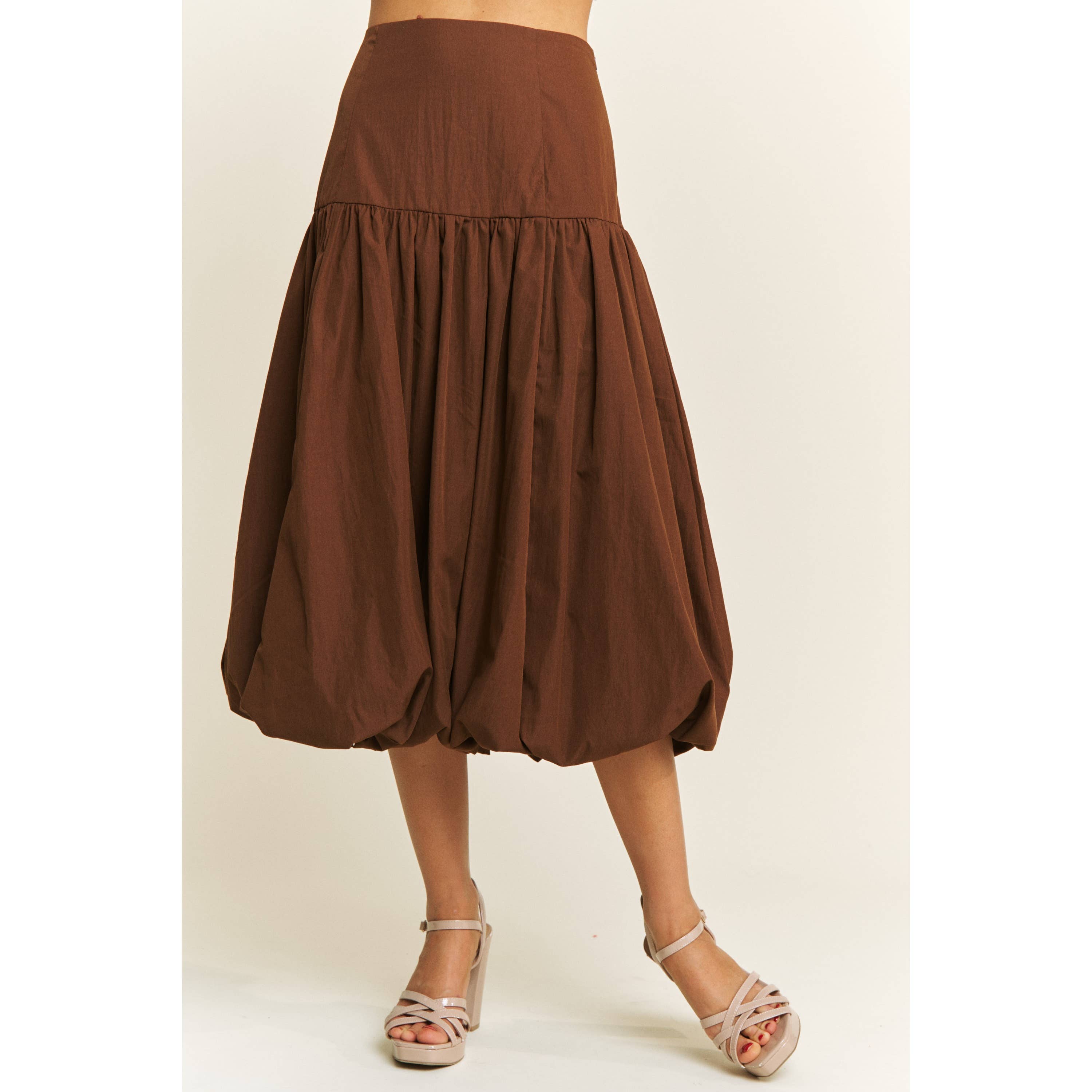 SOFT WOVEN SOLID BUBBLE BALLON MIDI SKIRT - Beige
