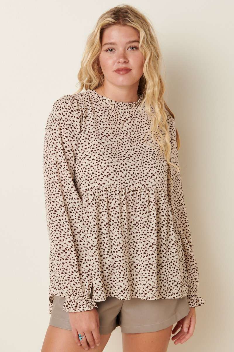 ABSTRACT PRINT RUFFLE MOCK NECK BLOUSE