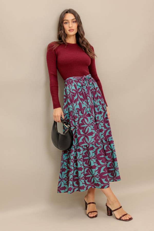 A sweater knit top and printed woven midi dress - ISW5281