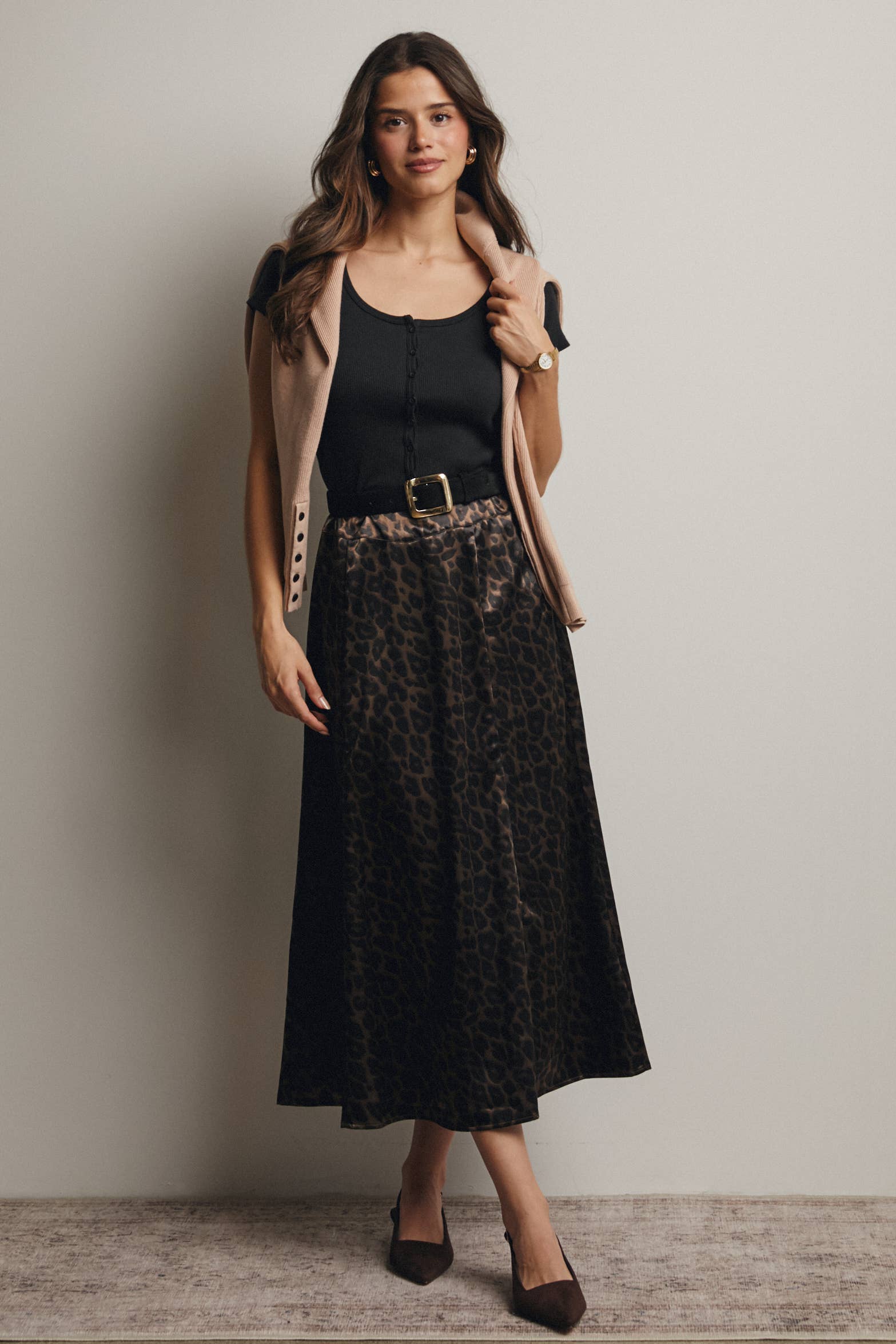 Leopard Print Satin Midi Skirt