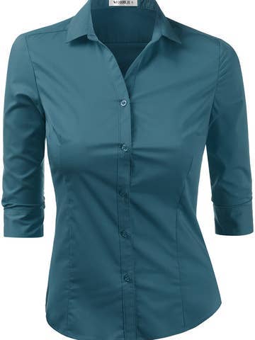 3/4 Sleeve Button Down Collar Shirt Blouse