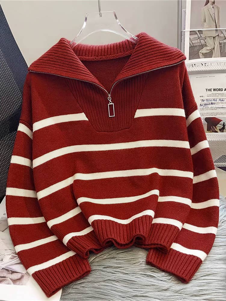Half zip knit sweatshirt striped sweater