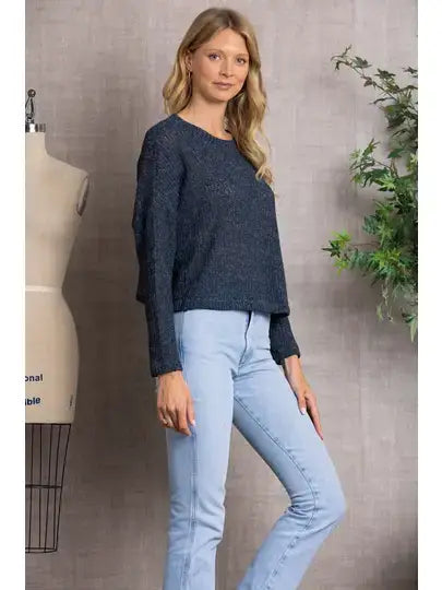 NAVY CREW NECK CABLE KNIT LONG SLEEVES TOP K5704
