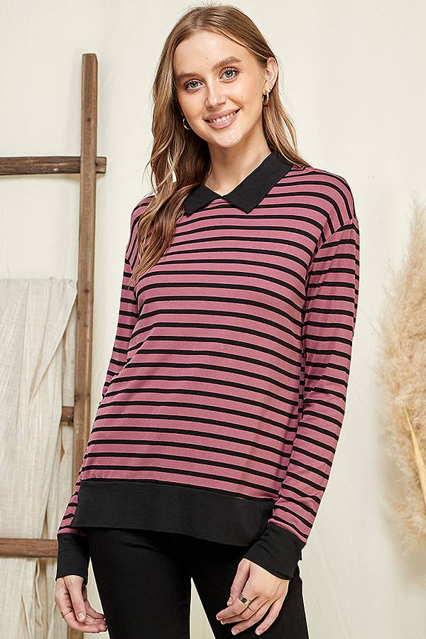 CAY1242LS - STRIPE SWEATSHIRT TOP WITH COLLAR
