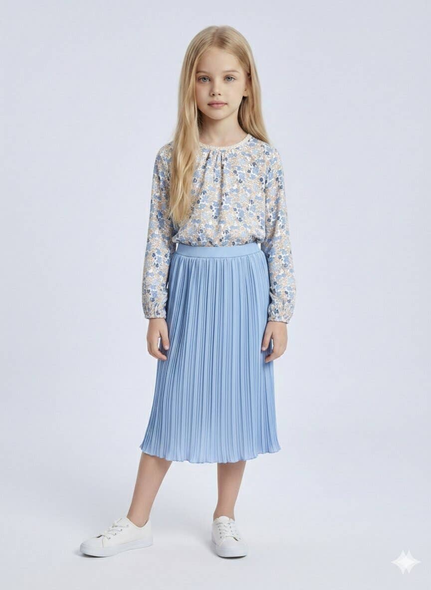 Floral cotton top and pleated skirt set for girl